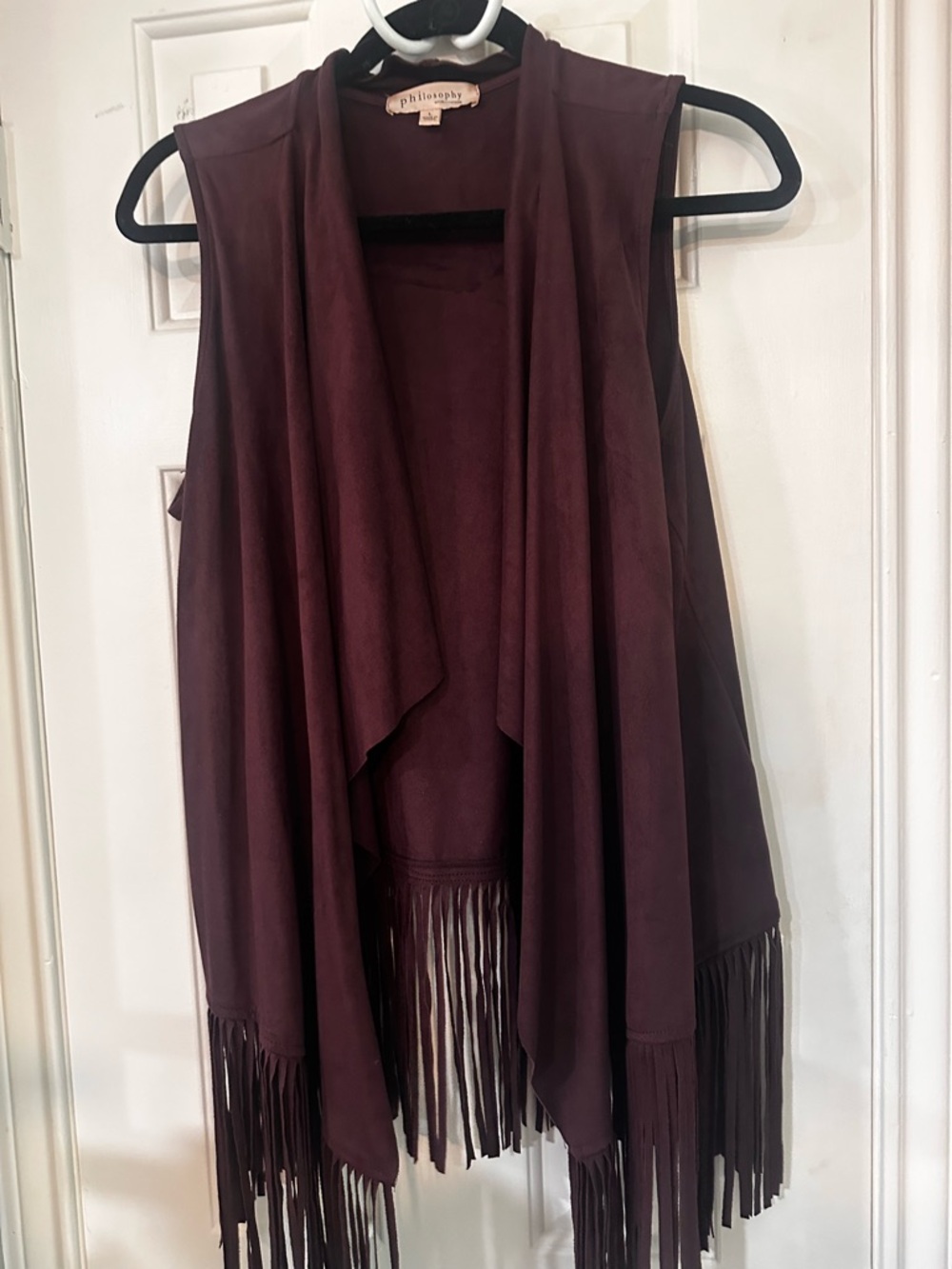 Philosophy deep burgundy (plum) fringe waterfall vest